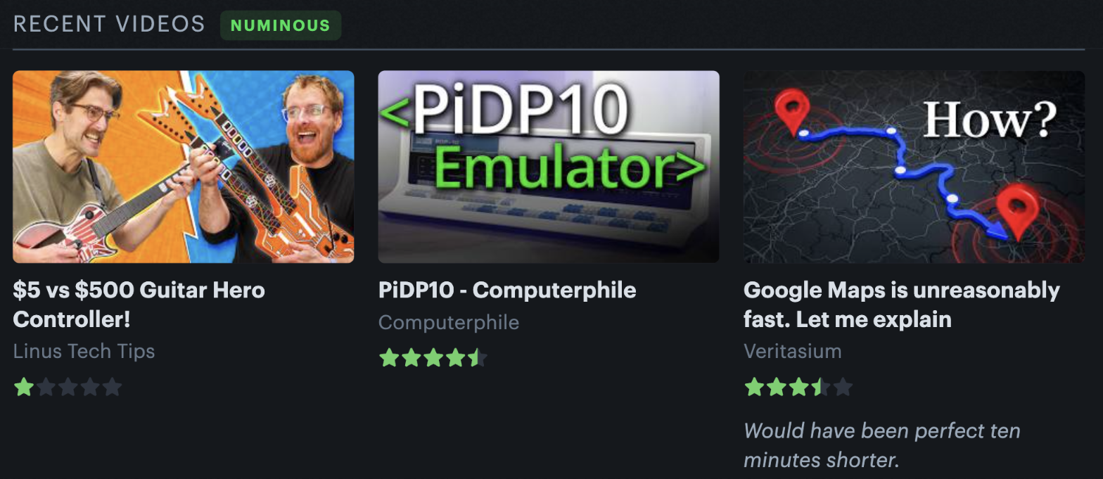 A Recent videos section on a Letterboxd profile, three rated videos with star ratings and a note.