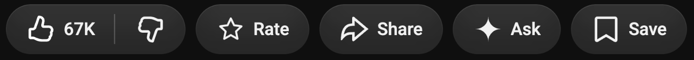 YouTube's action row with a Rate button sitting between the like segment and Share.