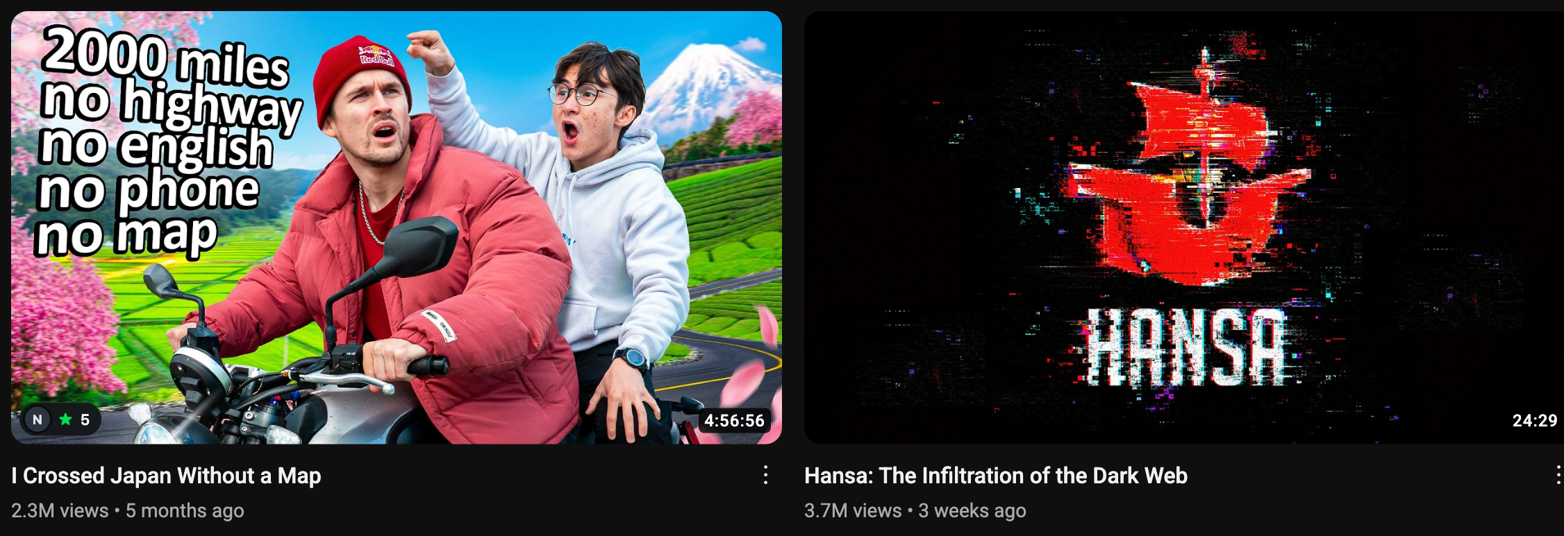 Two YouTube thumbnails side by side; the left one carries a small rating badge, the right one does not.